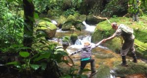 Petit garçon tendant la main à un homme pour traverser une petite rivière au mileu de la jungle